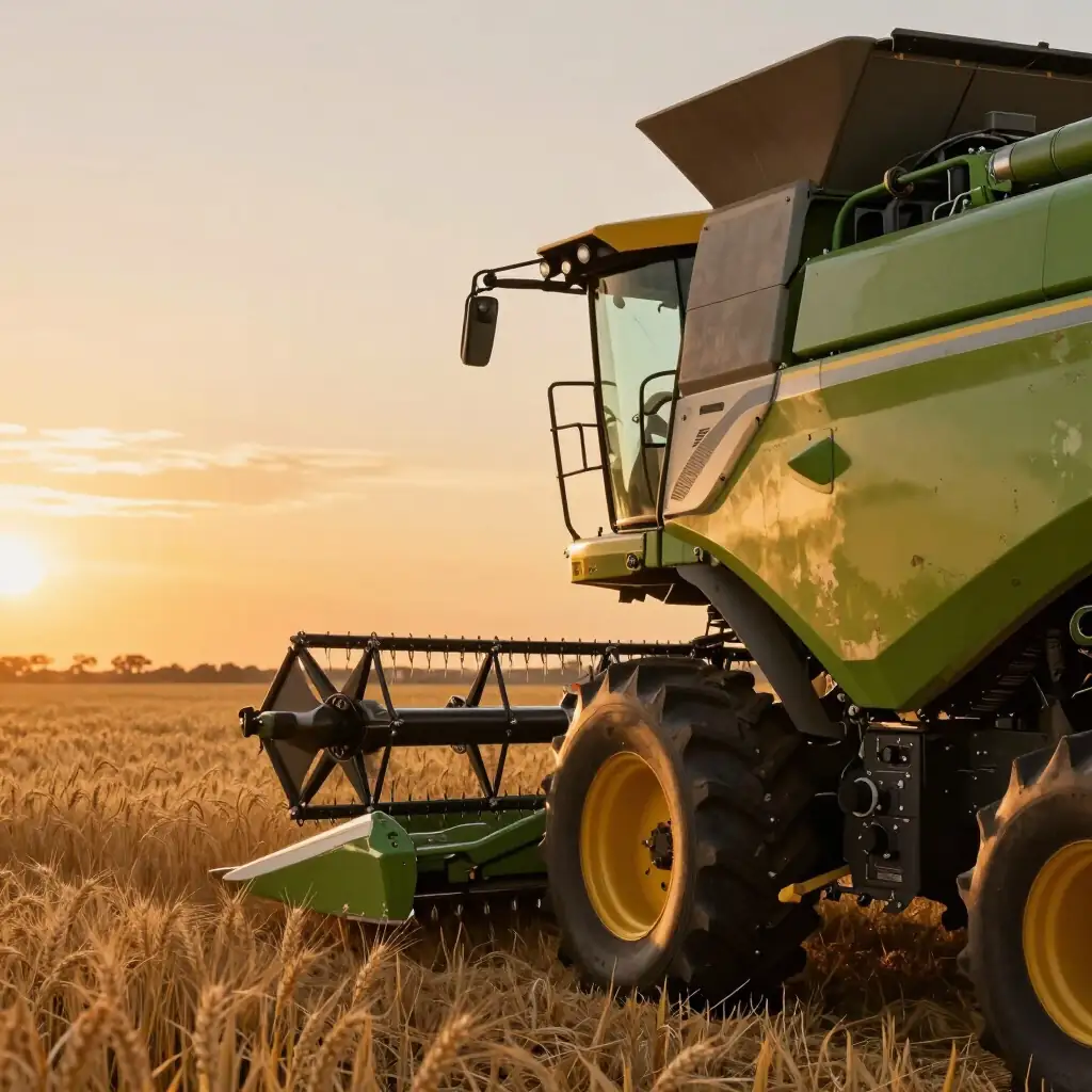 A combine harvester in a ripe wheat crop at sunset