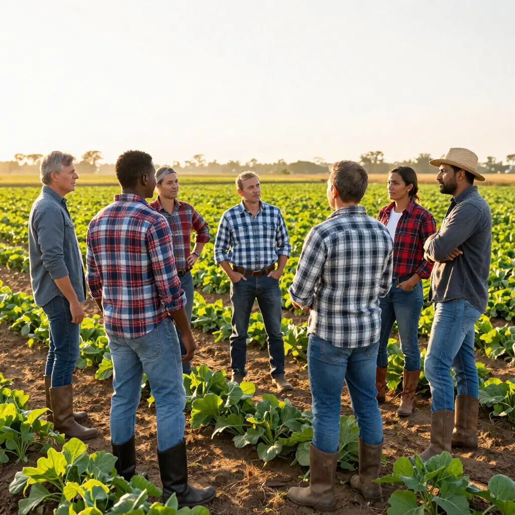 Farmers talking together in a crop paddock