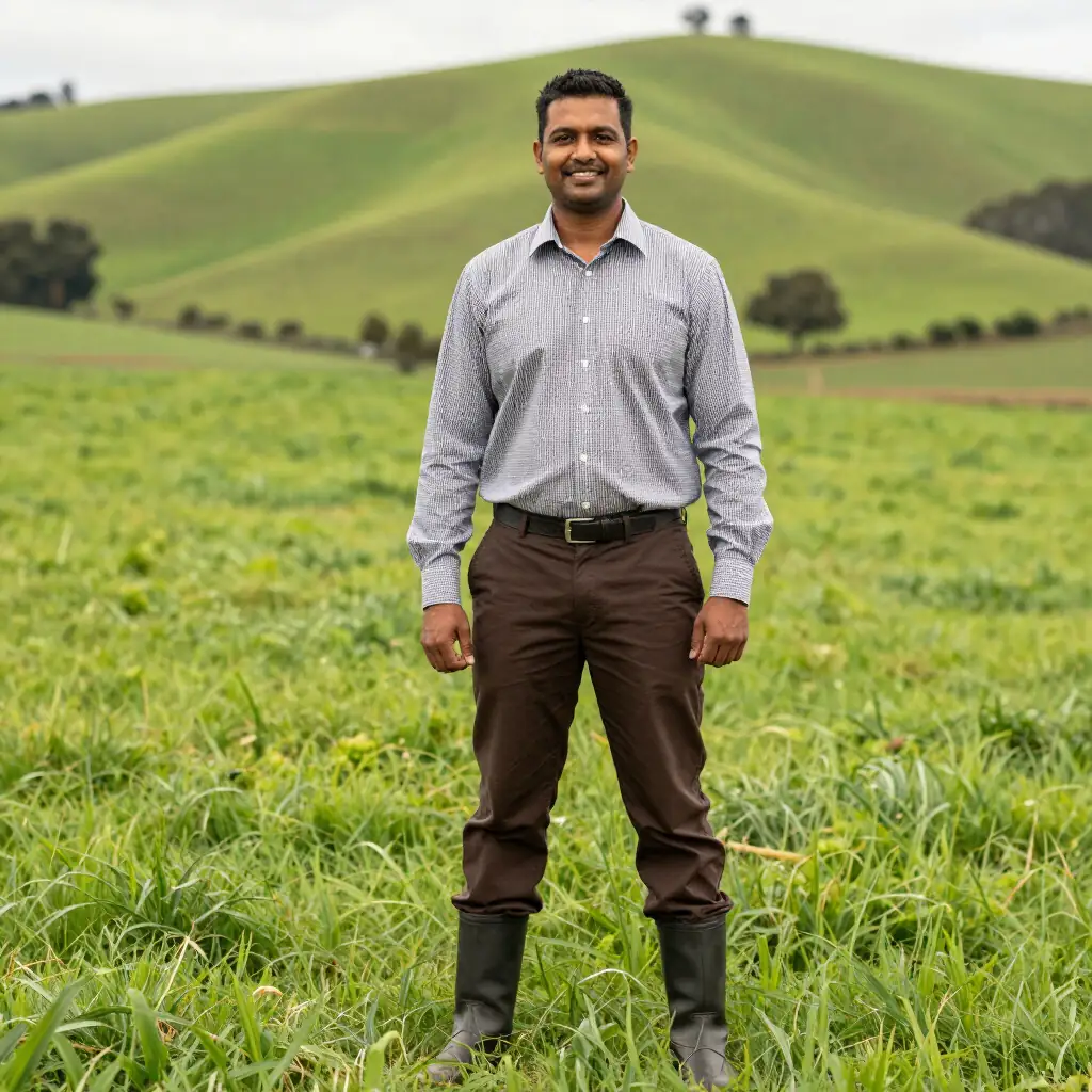 A farmer standing in a green paddock with rolling hills behind him
