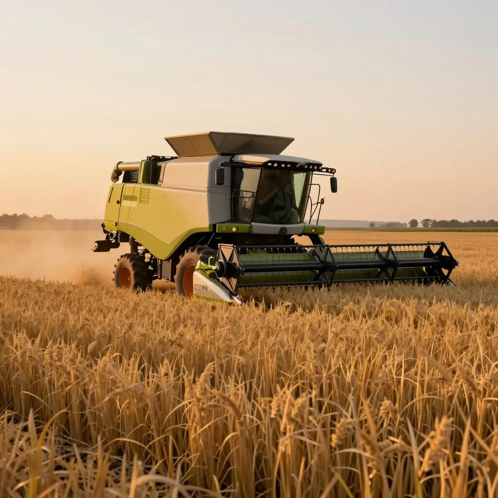 A combine harvester working a golden wheat crop