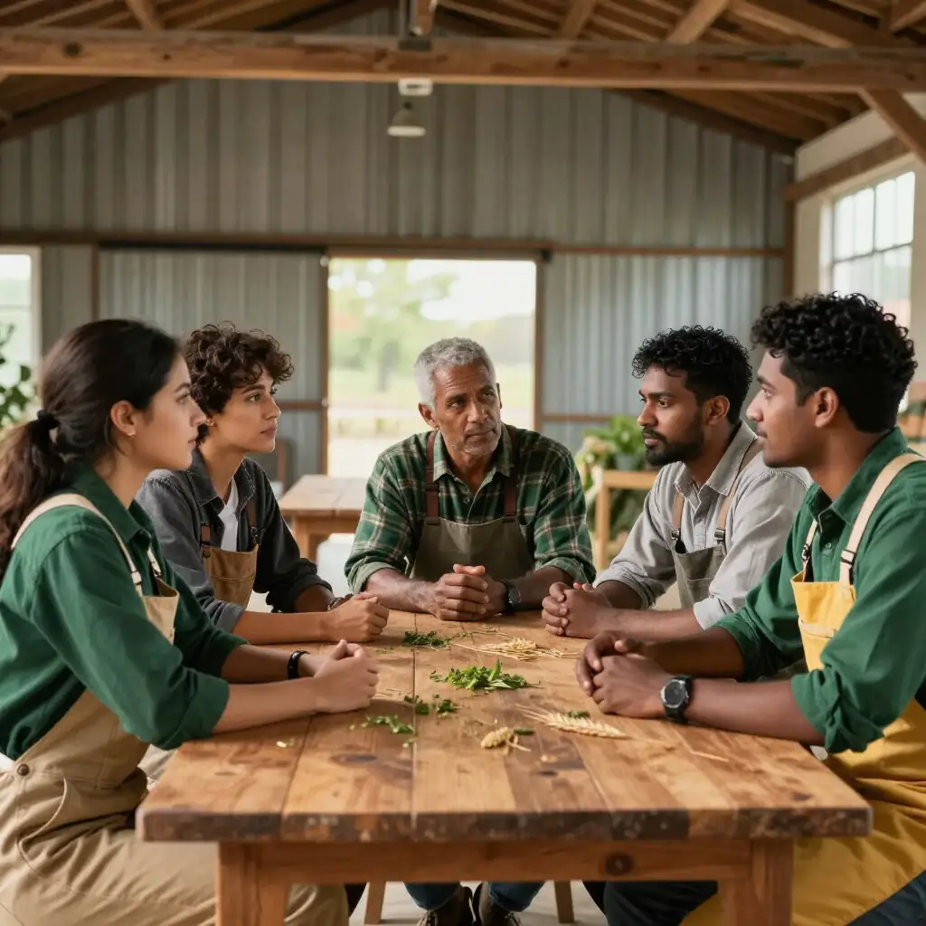 A REALM team meeting around a table in a farm shed