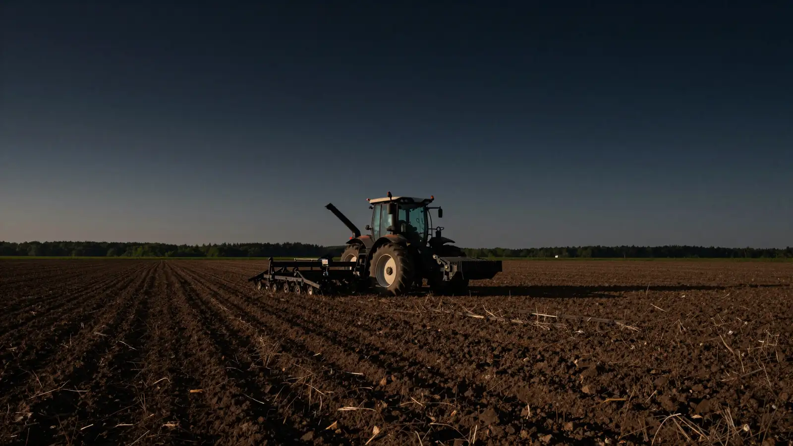 A tractor working a paddock at dusk