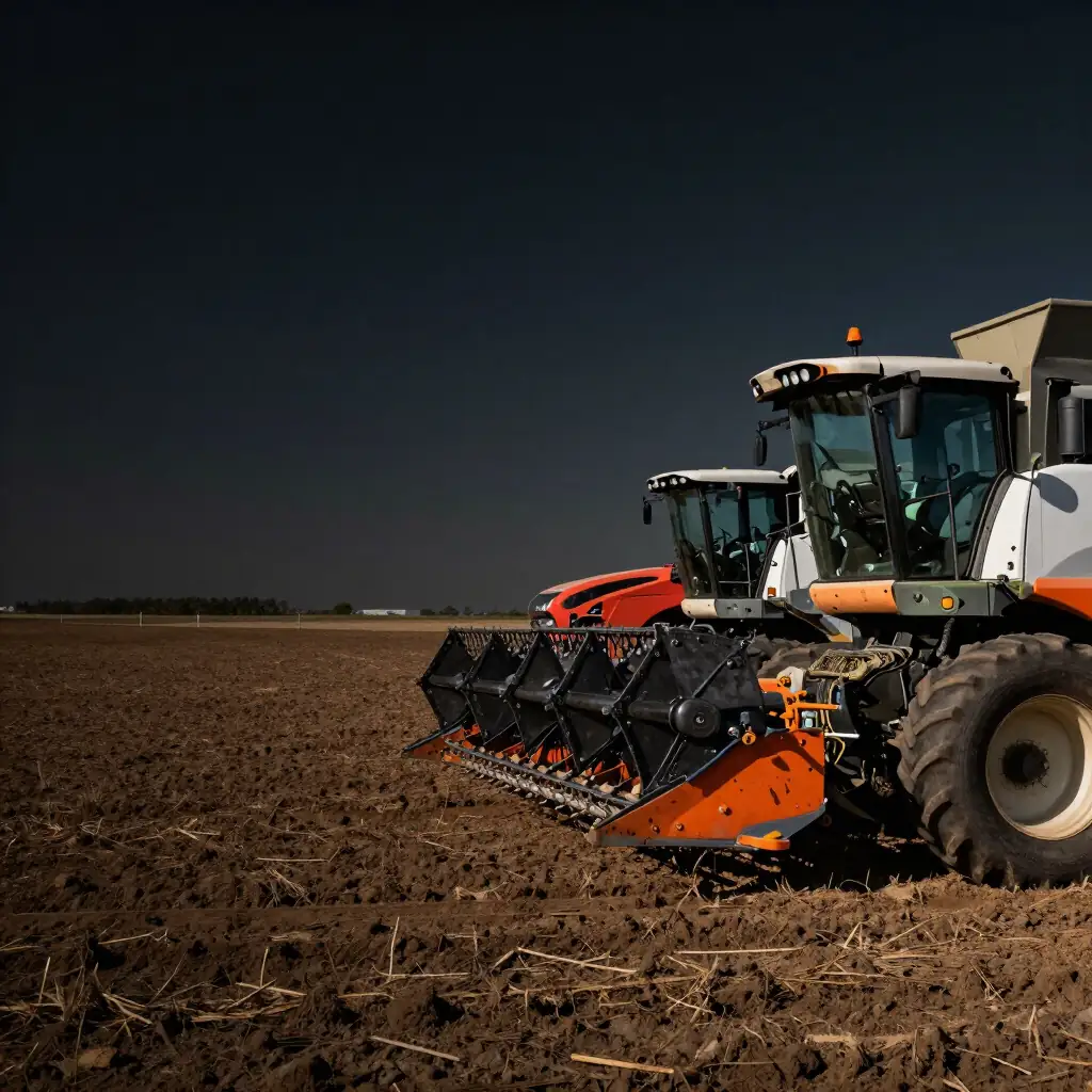 A tractor with a wide implement working a dark, freshly worked paddock