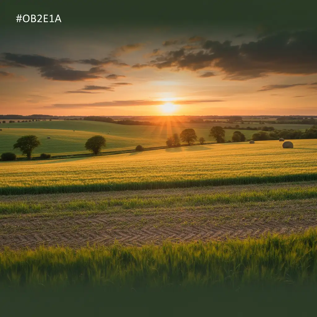 A wheat field at sunset with round hay bales and trees